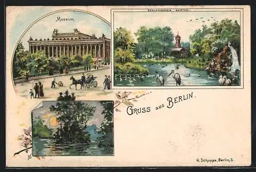 Lithographie Berlin-Charlottenburg, Zoologischer Garten mit Wasservögel, Museum