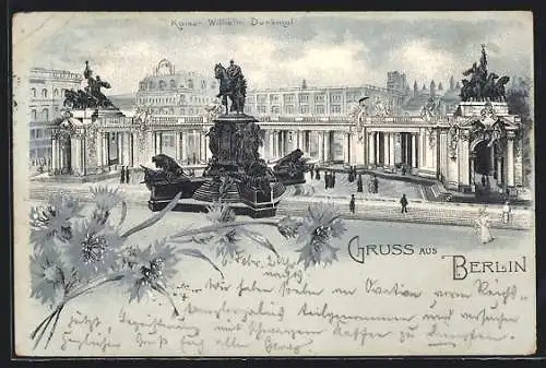 Lithographie Berlin, Kaiser Wilhelm Denkmal, Neujahrsgruss