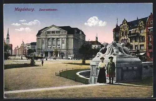 AK Magdeburg, Pferdekutsche vor dem Zentraltheater