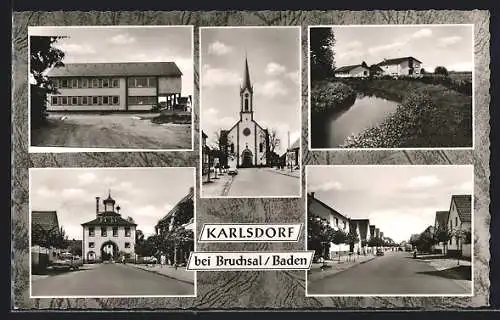 AK Karlsdorf / Bruchsal, Strassenpartien mit Kirche und Autos
