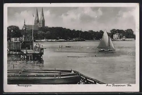 AK Neuruppin, Ortsansicht mit Kirche und Ruppiner See, Segelboot
