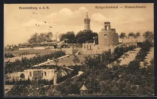AK Brandenburg / Havel, Kriegerdenkmal u. Bismarckwarte