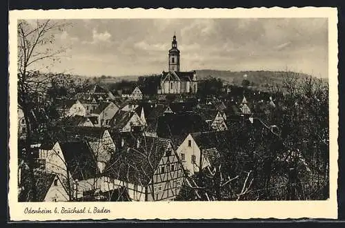 AK Odenheim, Blick über die Dächer des Ortes zur Kirche hin