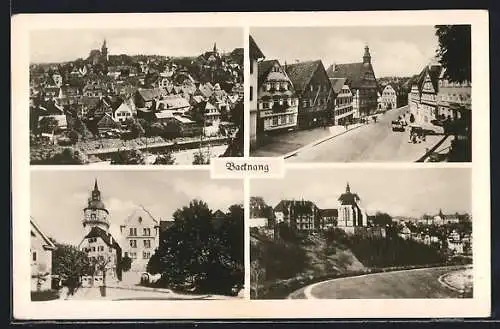 AK Backnang, verschiedene Ortsansichten mit Kirche, Strassenansicht und n