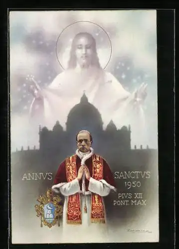 AK Papst Pius XII. in seinem Gewand, Jesus schwebt über ihm