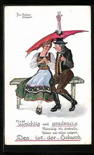 Künstler-AK Hans Boettcher: Uffrichtig und gradraus - des ist der Schwob, Schwabe greift durch Schirm einer Frau