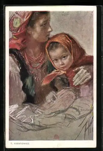 Künstler-AK Teodor Axentowicz: Mutter mit Tochter auf dem Schoss