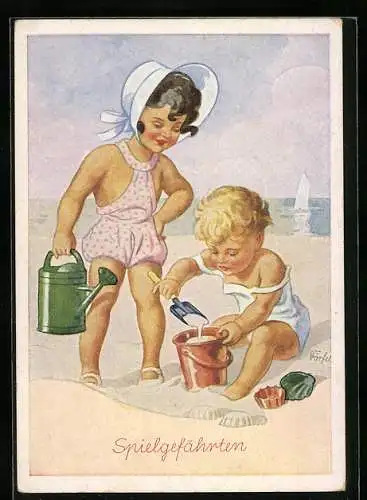 Künstler-AK Willy Doelfel: Kinder am Strand beim Sandburgen bauen