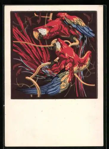 Künstler-AK Norbertine Bresslern-Roth: Rote Aras, Papageien