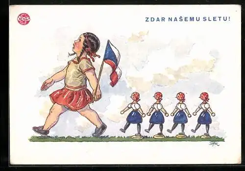 Künstler-AK M.Fischerova-Kvechova (MFK): Sokol, Mädchen mit der Puppen-Parade und Fahne
