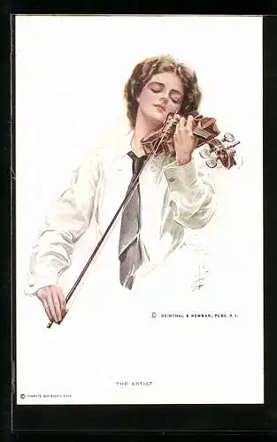 Künstler-AK Harrison Fisher: Dame mit Krawatte beim Geigenspiel