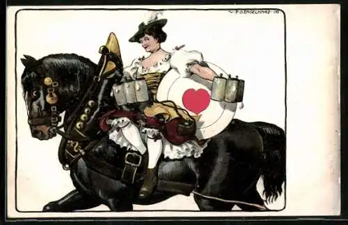 Künstler-AK P. O. Engelhard (P.O.E.): Frau mit Bierkrügen und Zielscheibe zu Pferde