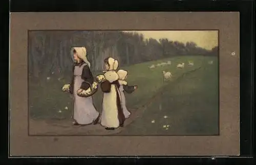 Künstler-AK S. Barham: Mutter mit Kindern auf einer Weide