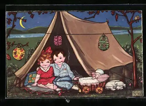Künstler-AK Margret Boriss: Kinder in einem Zelt