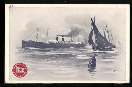 Künstler-AK Henri Cassiers: Red Starline Antwerpen, Dampfer und Segelboot