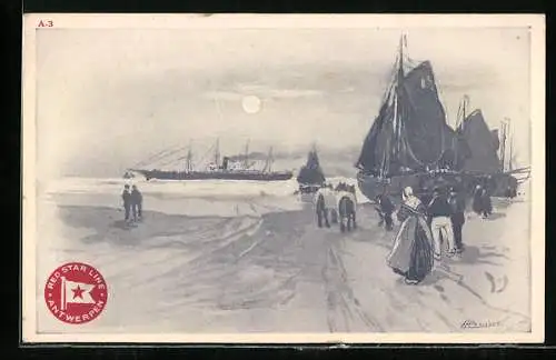 Künstler-AK Henri Cassiers: Red Star Line - Antwerpen, Hafenszene mit Passagierschiff