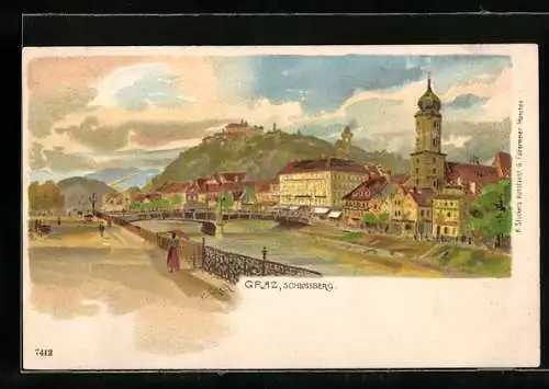 Lithographie Graz, Blick von der Mur zum Schlossberg