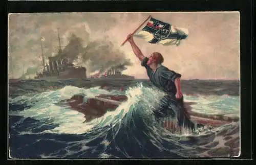 Künstler-AK Hans Bohrdt: Der letzte Mann hält die Reichskriegsfahne hoch, Seeschlacht bei den Falklandinseln, 1914