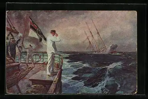 Künstler-AK Hans Bohrdt: Abschied des Kapitänleutnants Hellmuth v. Mücke und der Emden, 1914, Der letzte Gruss