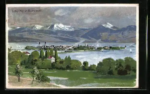 Künstler-AK Zeno Diemer: Lindau / Bodensee, Panorama mit Insel, See und Alpen