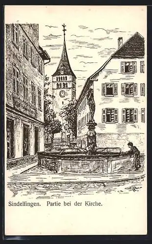 Künstler-AK Sindelfingen, Strassenpartie mit Kirche und Brunnen