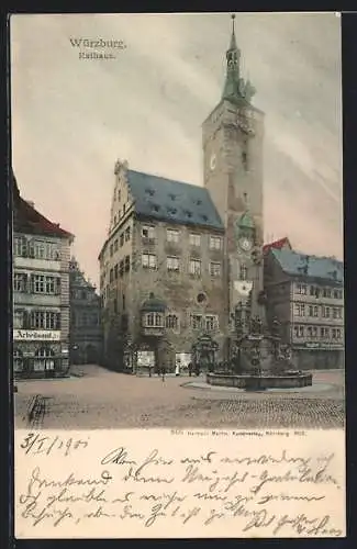 AK Würzburg, Rathaus mit Brunnen und Arbeitsamt