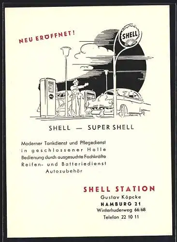 Künstler-AK Hamburg, Shell Tankstelle, Winterhuderweg 66 /68, Mann beim Tanken