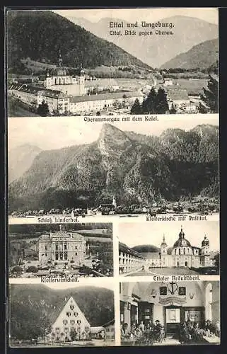 AK Oberammergau /Ettal, Schloss Linderhof, Ortsansicht mit Kofel, Klosterkirche mit Institut