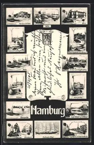 AK Hamburg, Hafen mit Dampfer, Zippelhaus, Fünfmaster Potosi