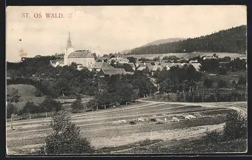 AK St. Oswald, Teilansicht mit Kirche