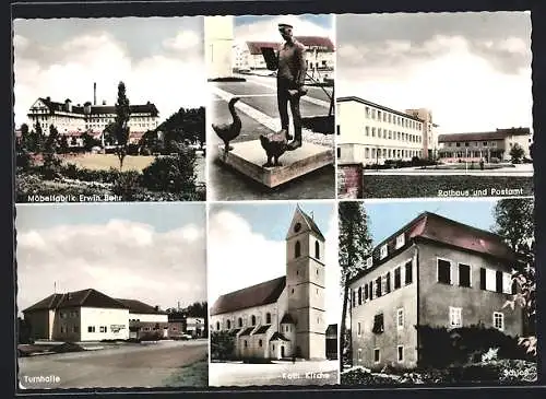 AK Wendlingen, Möbelfabrik Erwin Behr, Rathaus und Postamt, Turnhalle, Kath. Kirche, Schloss