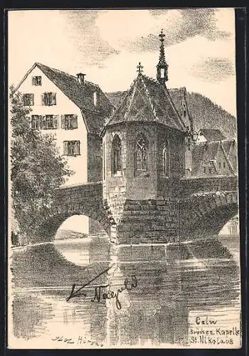 Künstler-AK Calw, Brückenkapelle St. Nikolaus
