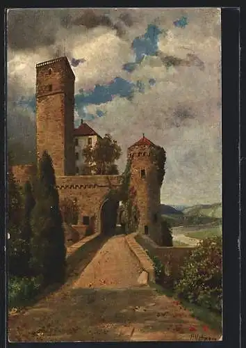 Künstler-AK Heinrich Hoffmann: Hassmersheim, Blick zum Schloss Guttenberg