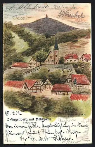 Lithographie Zwingenberg / Hessen, Panorama mit Melikobus, Bergstrasse