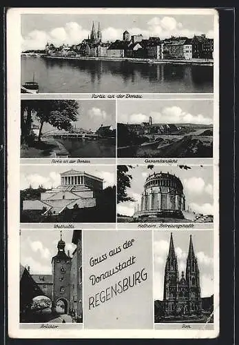 AK Regensburg, Partie an der Donau, Brückenpartie, Gesamtansicht, Walhalla