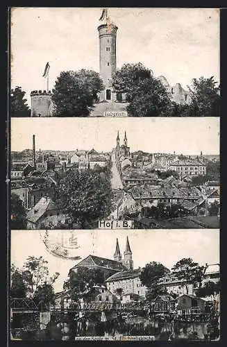 AK Hof i. B., Panorama, Labyrinth & St. Michaeliskirche