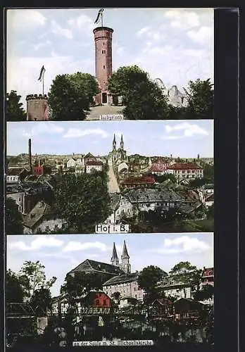 AK Hof i. B., Panorama, Labyrinth & St. Michaeliskirche