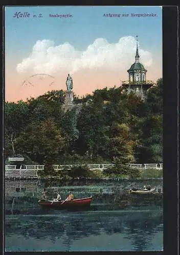 AK Halle / Saale, Saalepartie mit Aufgang zur Bergschenke