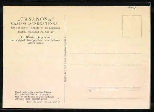 Künstler-AK Berlin-Schöneberg, Casanova, Casino International, Der Blaue Spiegel-Saal, Lutherstr. 22