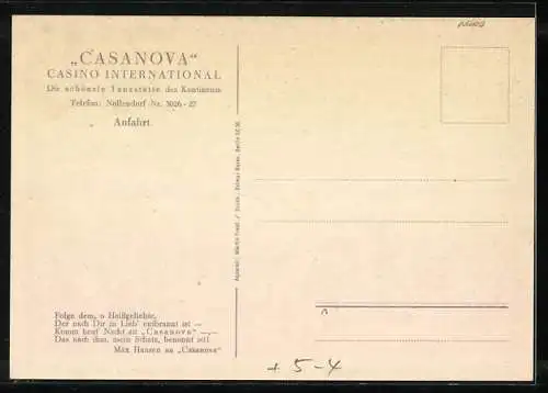 Künstler-AK Berlin, Casino International Casanova, Lutherstrasse 22, Anfahrt