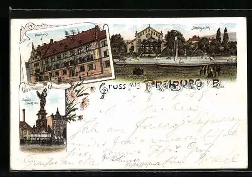 Lithographie Freiburg i / B., Stadtgarten, Rathaus, Sieges-Denkmal
