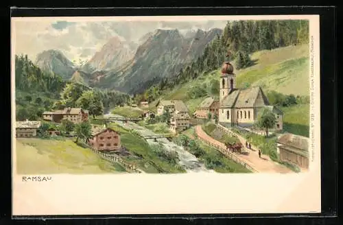 Künstler-AK Ramsau / Berchtesgaden, Ortsmitte mit Brücke und Kirche