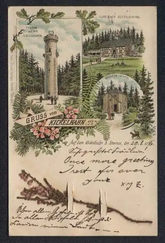 Lithographie Kickelhahn b. Ilmenau, Gabelbach Restaurant, Göthehäuschen, Turm, getrocknete Blume im Einschnitt