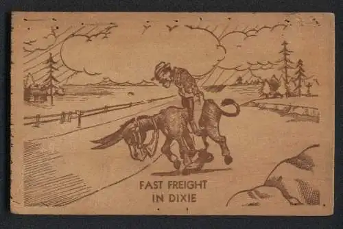 Holz-AK Fast Freight in Dixie, Mann reitet auf müdem Esel