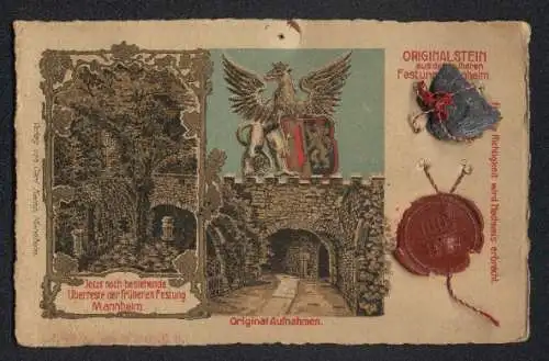 Lithographie Mannheim, Bestehende Überreste der Festung, Originalstein, Wachssiegel