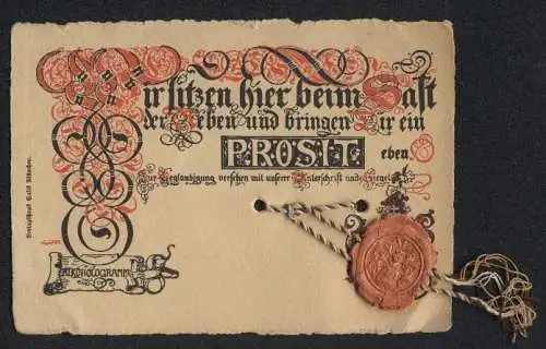 AK Prosit Gruss, Alkohologramm, Siegel aus Wachs