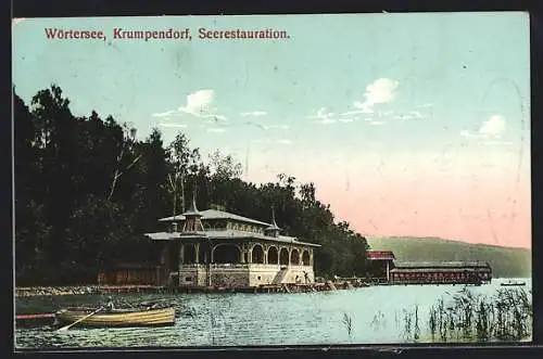 AK Krumpendorf am Wörthersee, Ruderboot vor dem Seerestaurant