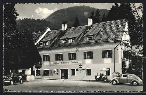 AK Weissbriach, Waldner`s Gasthof mit Autos