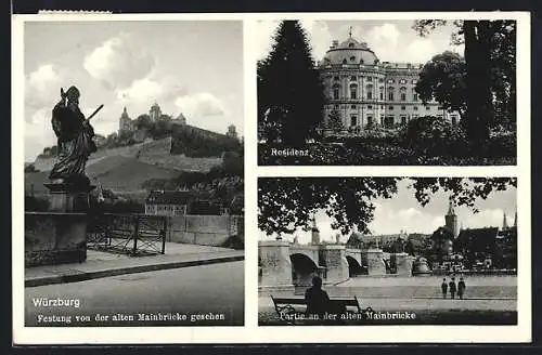 AK Würzburg, Festung, Residenz und Partie an der alten Mainbrücke
