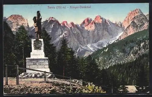 AK Tarvis, Kriegerdenkmal vor Bergpanorama